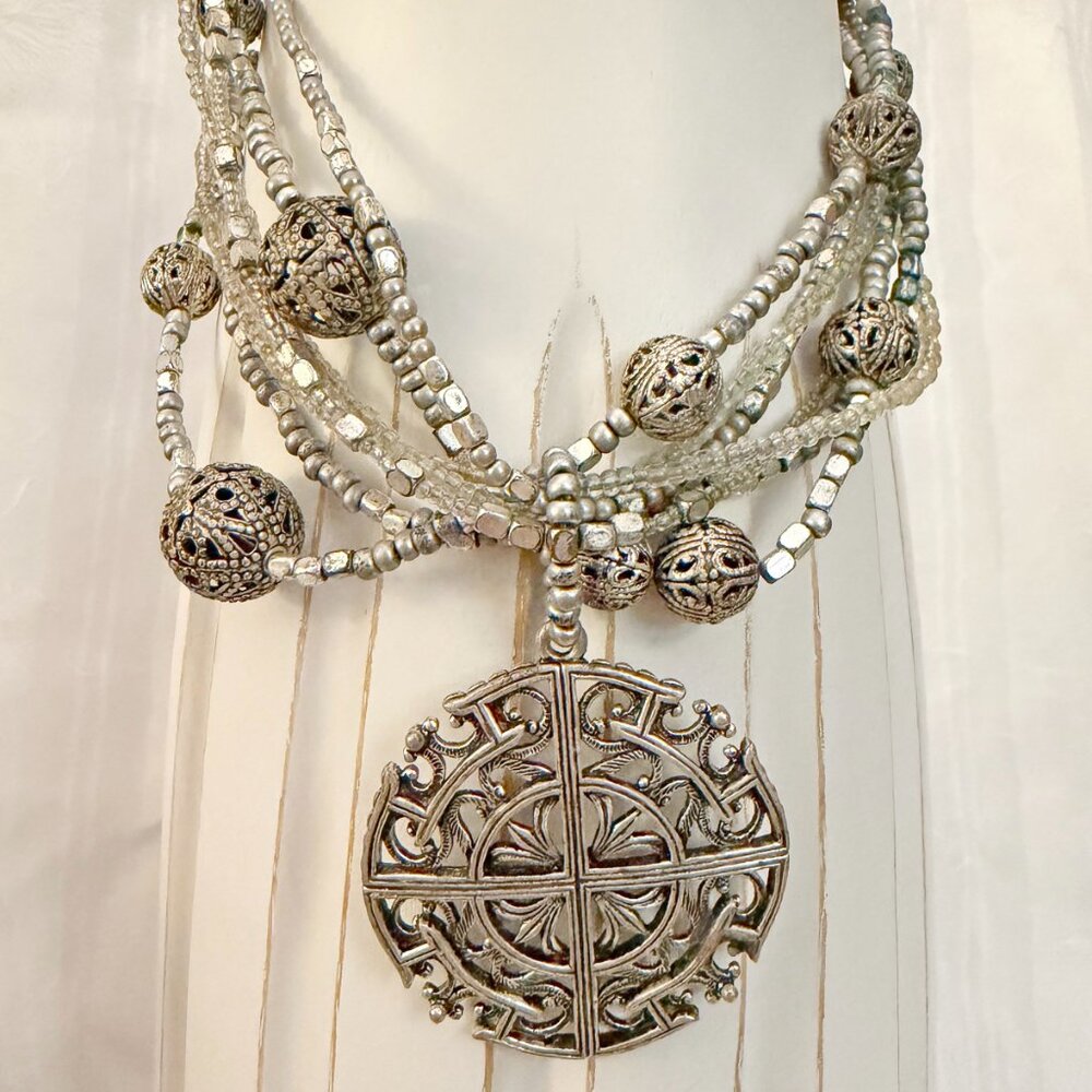 Vintage Inspired Silver Filigree Statement Necklace Multi-Strand Boho Medallion - Picture 5 of 8